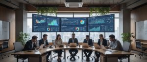 Digital agency team tracking market trends on social media and search analytics dashboards for competitive insights.