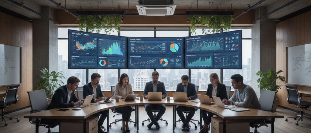 Digital agency team tracking market trends on social media and search analytics dashboards for competitive insights.