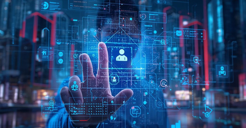 Futuristic AI-powered search in 2025 showing a person interacting with a holographic interface displaying search queries, AI data streams, voice commands, and visual search elements, illustrating how artificial intelligence is transforming online search.