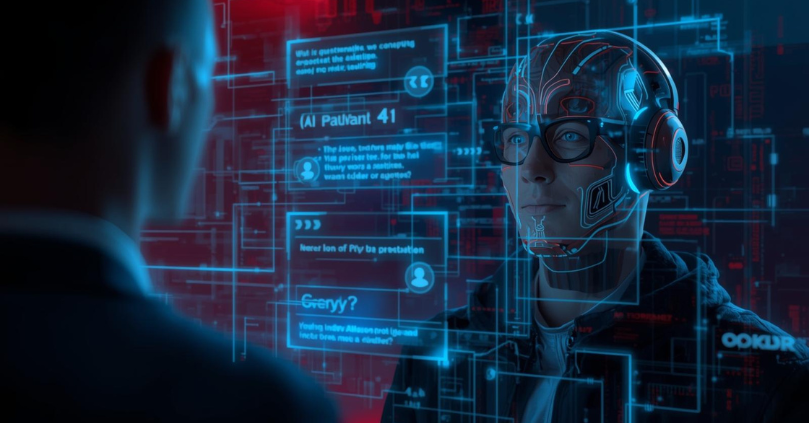 How does AI understand human questions? Futuristic assistant interacting with a person, showing holographic answers and conversational search in 2025.