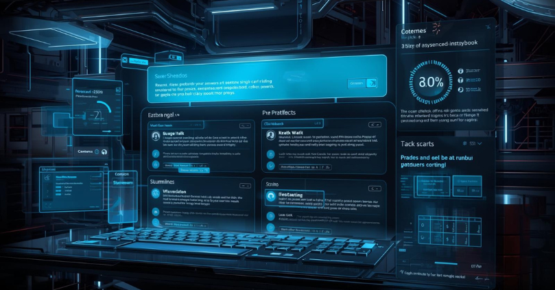 What is zero-click search? Futuristic dashboard displaying AI-generated answers instantly without clicks, including voice responses and interactive summaries.