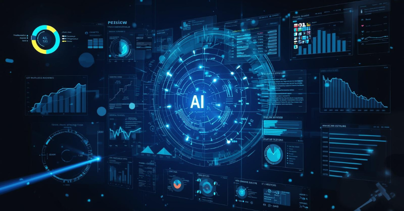 How can AI predict search trends? AI dashboard showing holographic charts, graphs, and insights forecasting future user behavior and search patterns.