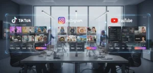 Illustration of TikTok, Instagram, and YouTube as discovery engines showing trending videos, engagement metrics, and social media research behavior.