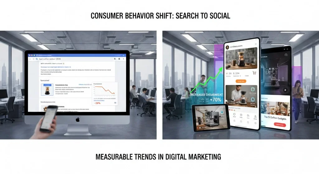 Comparison of consumer behavior showing shift from Google search to social platforms with feeds, engagement metrics, likes, comments, and social commerce icons, highlighting marketing trends.