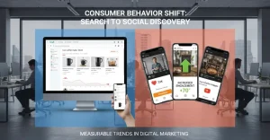 Illustration of consumers shifting from Google search to social media discovery with TikTok, Instagram, and YouTube feeds, showing engagement metrics and in-platform purchases.