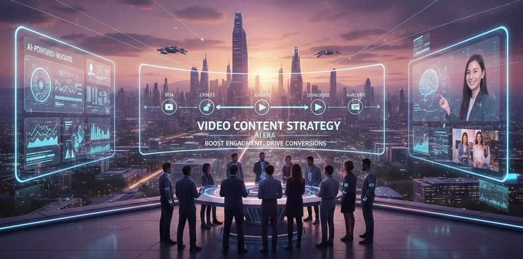 A professional digital marketing team producing and optimizing marketing videos, showing video editing software, analytics dashboards, captions, and metadata, emphasizing AI-driven content strategy and video marketing.